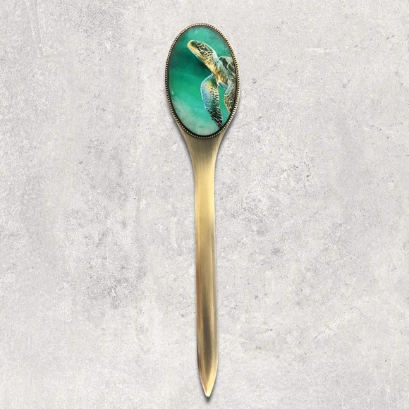 Sea Turtle Letter Opener, Nautical, Decorative, Brass & Glass, Gift Box 7.25"L - Picture 2 of 5